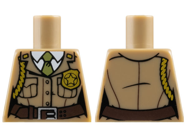 Lego Torso Female Police Uniform Jacket with Buttons and Pockets over White Shirt and Olive Green Tie, Dark Brown Belt with Silver Buckle, Gold Star Badge and Braid Pattern / Dark Tan