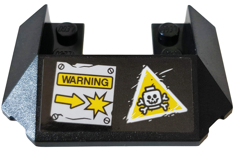 Lego Wedge 6 x 4 Cutout (Train Roof) with 5 Large Bottom Tubes with 'WARNING', Arrow, Explosion and Triangle with Skull and Bones Pattern (Sticker) - Set 76078 / Black