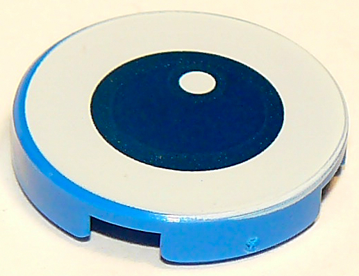 Lego Tile, Round 2 x 2 with Bottom Stud Holder with Dark Blue Eye on White Background Pattern (Toy Story RC) / Blue
