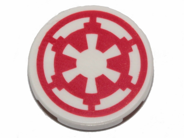 Lego Tile, Round 2 x 2 with Bottom Stud Holder with Red SW Imperial Logo Pattern