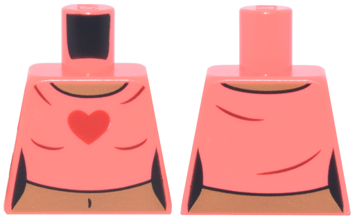 Lego Torso Female Crop Top T-Shirt with Red Heart, Medium Nougat Neck and Stomach with Navel Pattern / Coral
