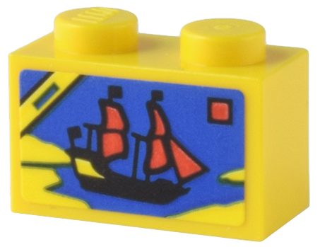 Lego Brick 1 x 2 with LEGO Pirates Set 6285 Black Seas Barracuda Box Art Pattern (Sticker) - Set 80036 / Yellow