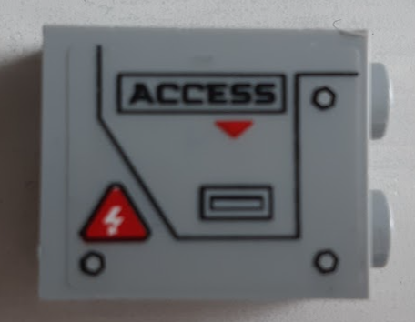 Lego Panel 1 x 2 x 2 with Side Supports - Hollow Studs with 'ACCESS', Electricity Danger Sign and Hatch with Handle and Bolts Pattern Side A (Sticker) - Set 60188 / Light Bluish Gray