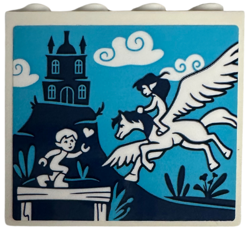 Lego Panel 1 x 4 x 3 with Side Supports - Hollow Studs with Elves Minifigures, Pegasus and Dark Blue Castle on Hill on Medium Azure Background Pattern (Sticker) - Set 41740