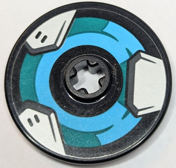 Lego Technic, Disk 3 x 3 with Grappling Claw Launcher with Medium Azure and Dark Turquoise Circle, Dark Bluish Gray and Light Bluish Gray Metal Plates Pattern (Sticker) - Set 75976 / Black