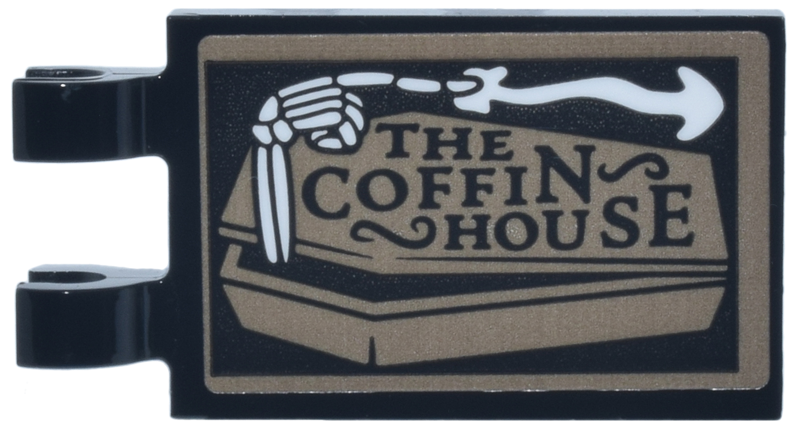Lego Tile, Modified 2 x 3 with 2 Open O Clips with Dark Tan Coffin, White Skeleton Hand and Arrow and 'THE COFFIN HOUSE' Pattern (Sticker) - Set 76471
