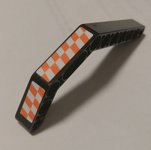 Lego Technic, Liftarm, Modified Bent Thick 1 x 11.5 Double with White and Orange Checkered Pattern Model Right Side (Stickers) - Set 8162