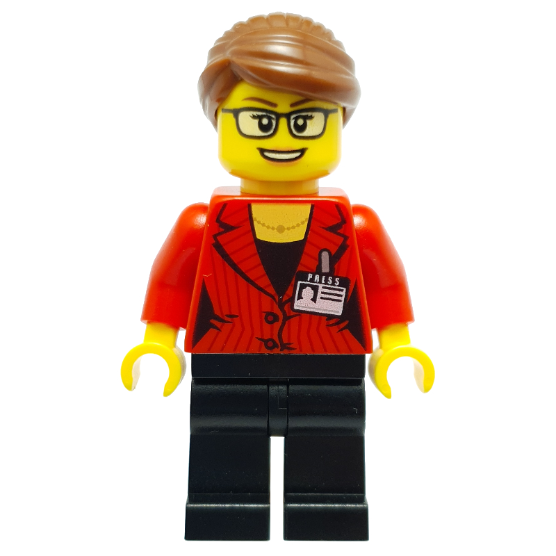 Lego Woman, Red Jacket, Black Legs, Reddish Brown Hair