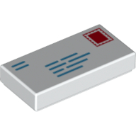 Lego Tile 1 x 2 with Mail Envelope, Blue Addresses, Red and White Stamp Print / White