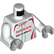 Lego Torso Racing Jacket, Red Trim, 'NISSAN NISMO' Print, White Arms, Light Bluish Gray Hands / White