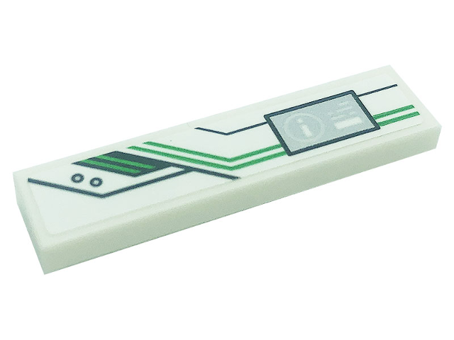 Lego Tile 1 x 4 with Black and Bright Green Lines and White Exclamation Mark on Silver Background Pattern Model Right Side (Sticker) - Set 80020 / White