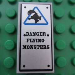 Lego Tile 2 x 4 with 'DANGER FLYING MONSTERS' and Blue Triangle Pattern (Sticker) - Set 8190 / Light Bluish Gray