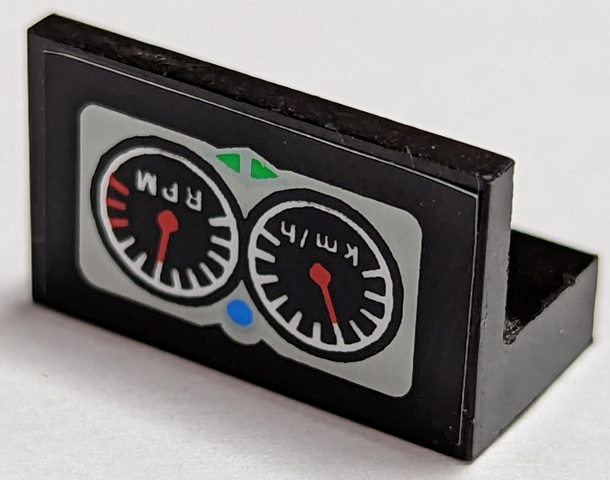 Lego Panel 1 x 2 x 1 with Two Gauges and 'km/h' and 'RPM' Pattern (Sticker) - Set 8422 / Black