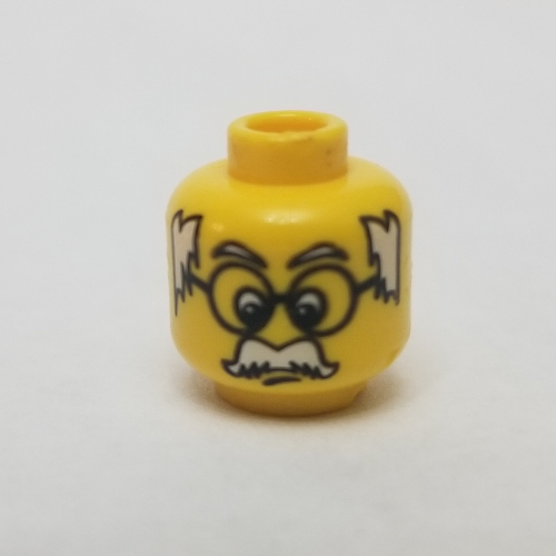 Lego Minifig Head Infomaniac, Moustache White Hair on Sides, and Large Glasses Print / Yellow