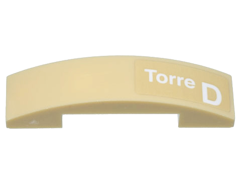 Lego Slope, Curved 4 x 1 x 2/3 Double with White 'Torre D' Pattern Model Left Side (Sticker) - Set 10299 / Tan