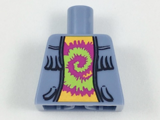 Lego Torso Vest Open with Fringe over Bright Light Orange Shirt with Lime and Magenta Tie-Dyed Swirl Pattern