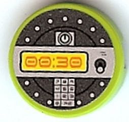 Lego Tile, Round 2 x 2 with Orange '00:30' Digital Display Pattern (Sticker) - Set 8968 / Lime