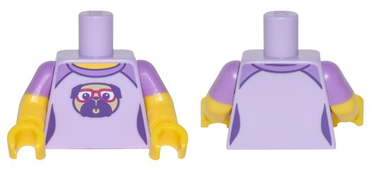 Lego Torso Female Outline Shirt with Medium Lavender Shoulders and Pug Dog with Red Glasses Pattern / Yellow Arms with Molded Medium Lavender Short Sleeves Pattern / Yellow Hands