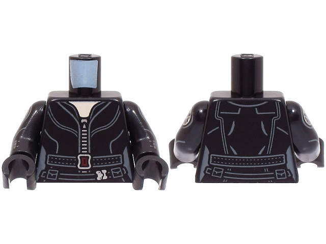 Lego Torso Female Suit with Silver Zipper, Dark Bluish Gray Belt with Dark Red Buckle, Light Nougat Neck Pattern / Black Arms with SHIELD Logo Pattern / Black Hands