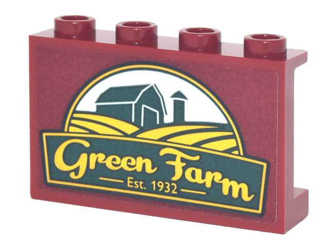 Lego Panel 1 x 4 x 2 with Side Supports - Hollow Studs with Sign, Yellow 'Green Farm Est. 1932' and Dark Green Barn and Silo Pattern (Sticker) - Set 10290 / Dark Red
