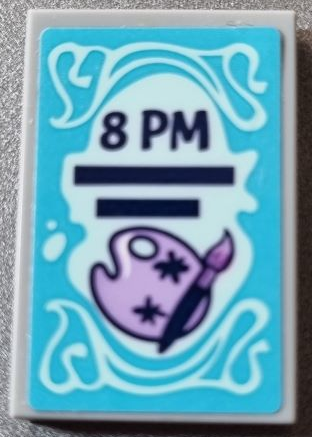 Lego Tile 2 x 3 with Dark Blue '8 PM', Lavender Paint Palette and Brush on Medium Azure Background Pattern (Sticker) - Set 41365
