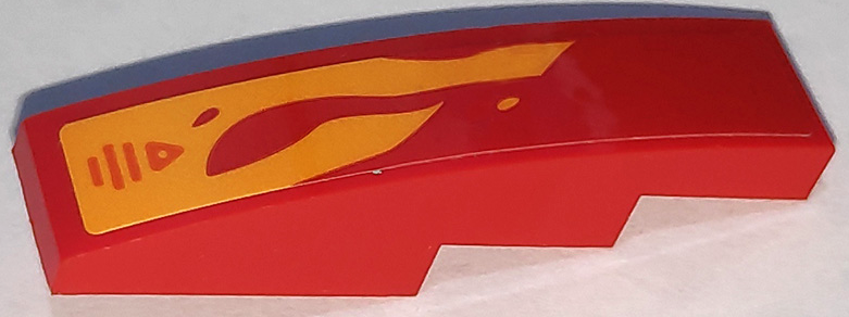 Lego Slope, Curved 4 x 1 with Bright Light Orange Flames, Triangle and Lines Pattern Model Right Side (Sticker) - Set 70675 / Red