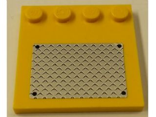 Lego Tile, Modified 4 x 4 with Studs on Edge with 4 Black Rivets on Silver Tread Plate Pattern (Sticker) - Set 7685 / Yellow