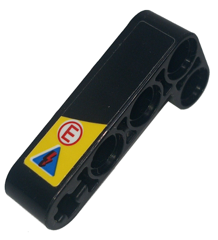 Lego Technic, Liftarm, Modified Bent Thick L-Shape 2 x 4 with Yellow Trapezoid Stripe, Red Capital Letter E in White Circle and Blue Electricity Danger Triangle Pattern Model Left Side (Sticker) - Set 42151