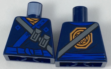 Lego Torso Ninjago Robe with Ninjago Logogram 'SPARK', Orange Scarf, Blue Sash and Orange Emblem Pattern / Dark Blue