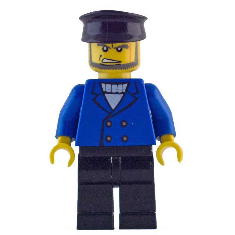 Lego Man, Blue Jacket over White Sweater, Black Hat, Beard