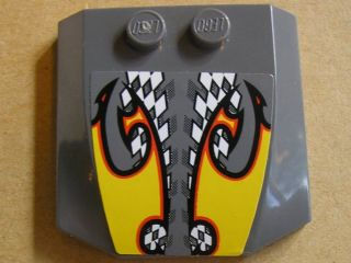 Lego Wedge 4 x 4 x 2/3 Triple Curved with Yellow Flames over Checkered Pattern (Sticker) - Set  8134 / Dark Bluish Gray