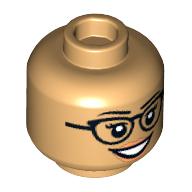 Lego Minifig Head, Eyelashes, Black Glasses, Smile/Worried Print / Warm Tan