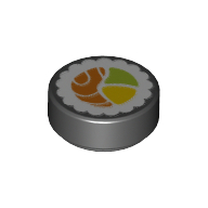 Lego Tile Round 1 x 1 with Striped Salmon Crescent Sushi Print / Black