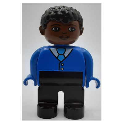 Lego Duplo Figure, Early, Short Afro Hair Black, Black Legs, Shirt with Tie, Jacket Buttons Print