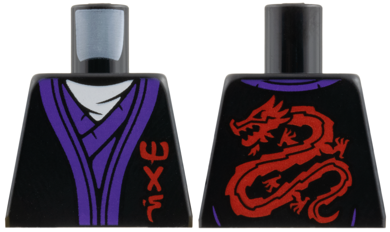 Lego Torso Tunic, White Scarf, Dark Purple Hems, Red Ninjago Logogram 'MAS' and Dragon on Back Pattern / Black