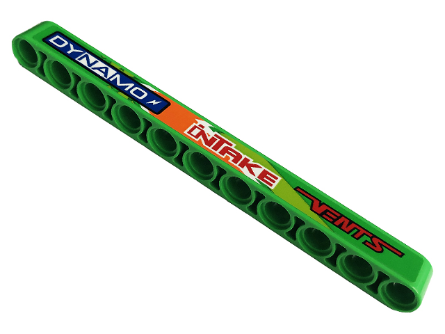 Lego Technic, Liftarm Thick 1 x 11 with 'VENTS', 'iNTAKE' and 'DYNAMO' Pattern Model Right Side (Sticker) - Set 42129 / Bright Green
