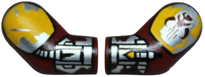 Lego Arm, (Matching Left and Right) Pair with Bright Light Orange and Silver Shoulder Armor and Gauntlets, Hose, Rocket Launcher and Mandalorian Mythosaur Skull Pattern / Dark Red