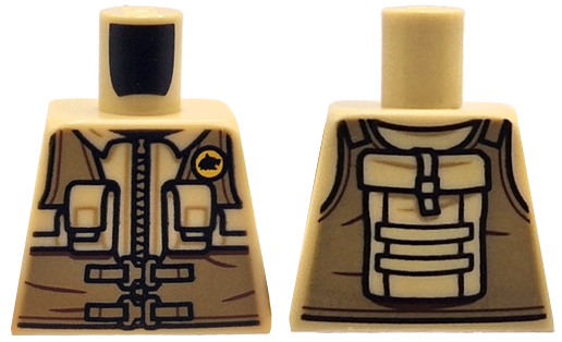Lego Torso Jacket with Zipper, Dark Tan Utility Harness with Yellow Badge, Pockets, Pouches and Backpack Pattern / Tan