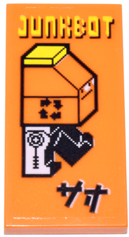 Lego Tile 2 x 4 with Pixelated Walking Brick Minifigure with Face and Recycling Arrows, Yellow 'JUNKBOT' and Black Ninjago Logogram 'BJ' Pattern (Sticker) - Set 70657 / Orange