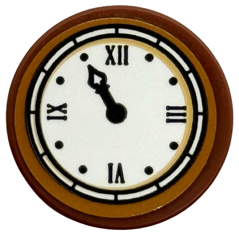 Lego Tile, Round 2 x 2 with Bottom Stud Holder with White Clock Face with Black Hand and Roman Numerals, Tan Inner Circle and Medium Nougat Edge Pattern (Sticker) - Set 76450