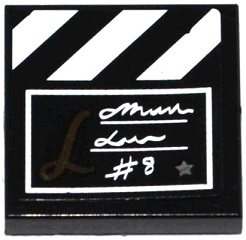 Lego Tile 2 x 2 with Film Slate with White Script Writing, '#8', and Stripes Pattern (Sticker) - Set 41117 / Black