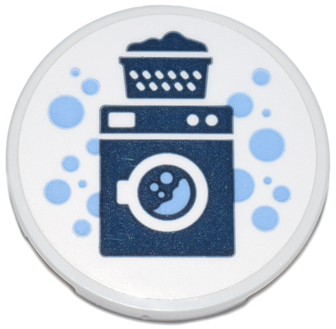 Lego Tile, Round 3 x 3 with Laundromat Plaque with Dark Blue Washing Machine and Laundry Basket, Bright Light Blue Bubbles Pattern (Sticker) - Set 42670