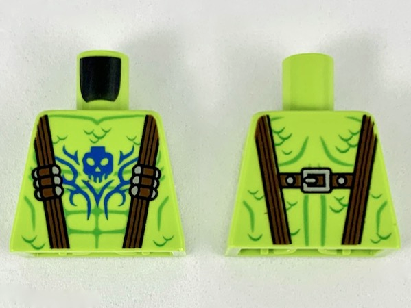 Lego Torso Dark Brown Suspenders with Silver Bullets, Green Muscle and Scale Lines, Blue Skull and Filigree Tattoo Pattern / Lime