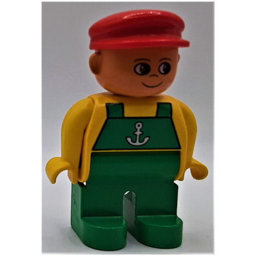 Lego Duplo Figure, Early, with Flat Cap Red, Green Legs, Green Overalls with Anchor Print