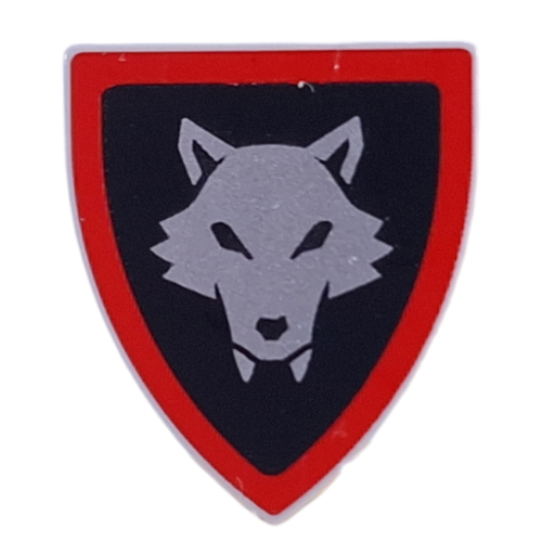 Lego Shield Triangular with Silver Wolf on Black Background, Red Border Print / Light Bluish Gray