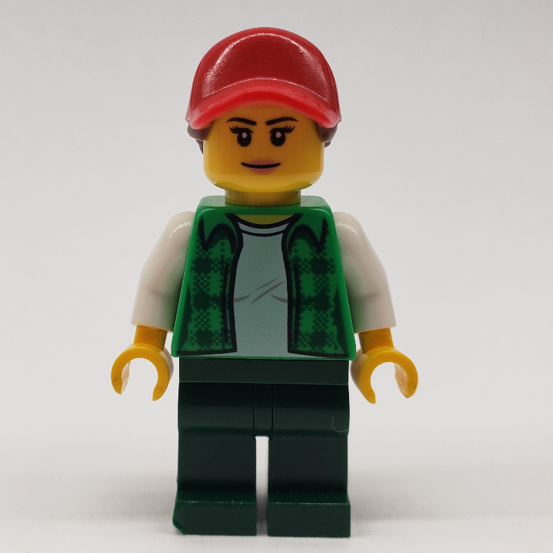 Lego Woman, Open Green Flannel Shirt, Dark Green Legs, Red Cap with Hair