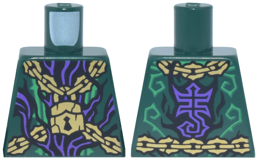 Lego Torso Robe with Bright Green Trim, Gold Chains and Padlock, Dark Purple Strands, Stylized Scorpion Logo on Back Pattern / Dark Green