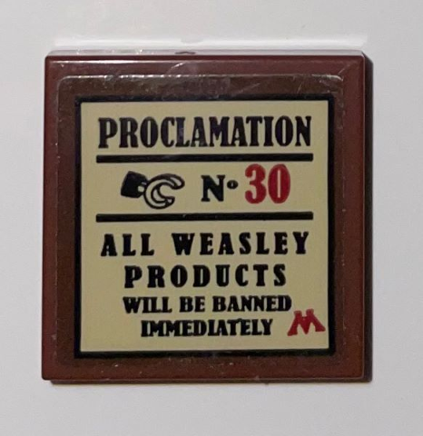 Lego Tile 2 x 2 with Black and Red 'PROCLAMATION No. 30', Minifigure Hand, Text, and Letter M on Tan Background Pattern (Sticker) - Set 75966 / Reddish Brown