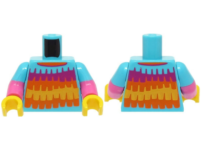 Lego Torso Shirt with Magenta, Orange and Yellow Stripes with Fringe Pattern (BAM) / Dark Pink Arms with Molded Medium Azure Short Sleeves Pattern / Yellow Hands