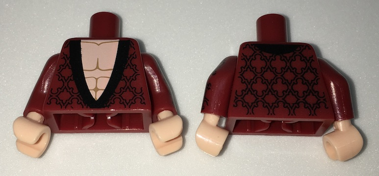 Lego Torso Dressing Gown Robe Brocade with Black Collar over Light Nougat Bare Chest Pattern / Dark Red Arms with Black Brocade Pattern / Light Nougat Hands